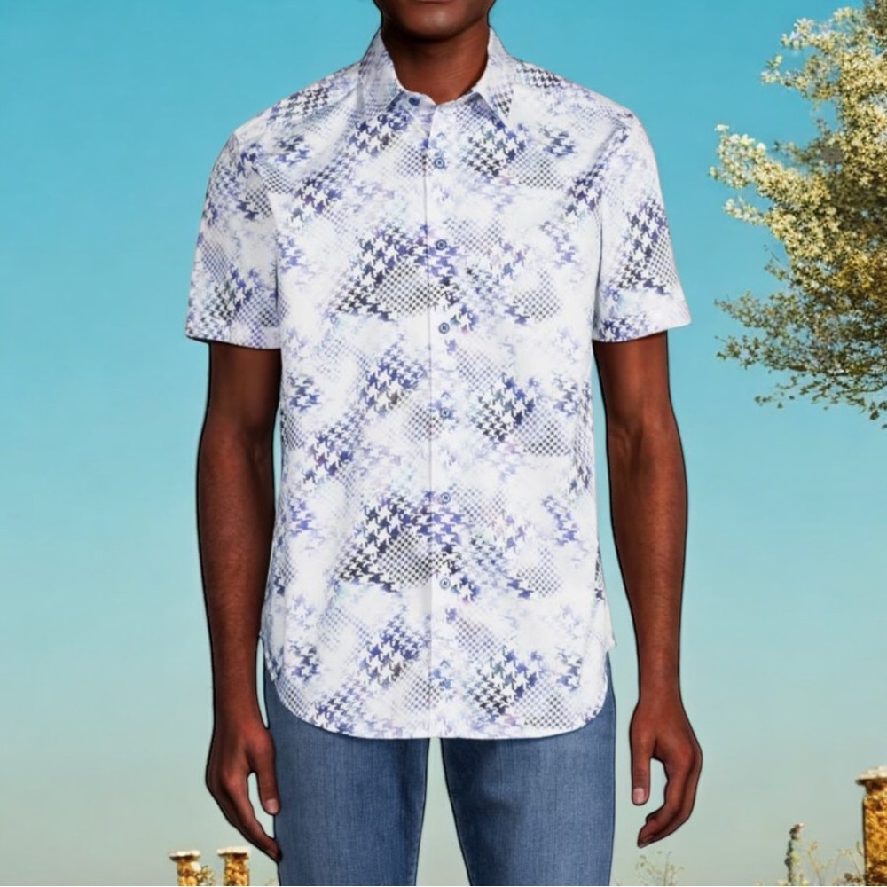 Robert Graham Laramie Classic Fit Houndstooth Button Front Short Sleeve Shirt
